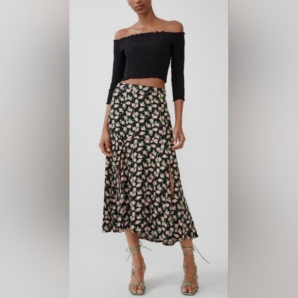 Zara Dresses & Skirts - Zara Floral Midi Skirt Black Pink Romantic Cottagecore XS